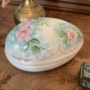 Vintage Porcelain Egg Trinket Box Hand Painted Floral Cottagecore Dresser Decor